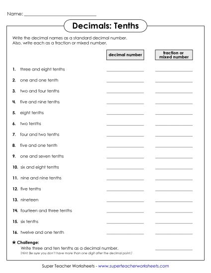 Tenths - Decimal Names - Tenths (Printable PDF Worksheet)