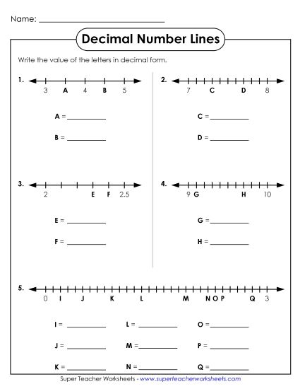 Fractions and Decimal Number Lines - Decimal Number Line (Printable PDF Worksheet)