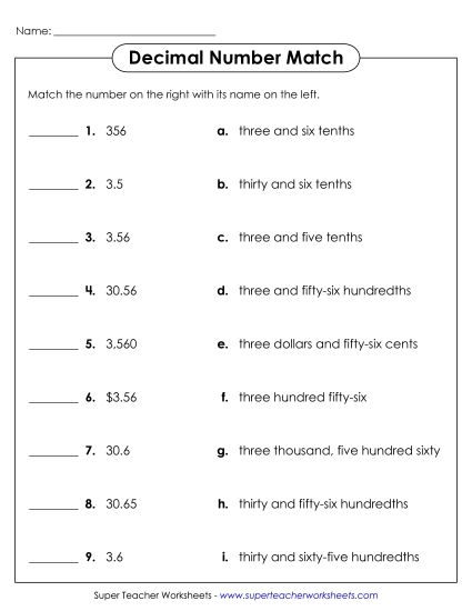 Decimals to Hundredths - Decimal Number Match (Tenths & Hundredths) (Printable PDF Worksheet)
