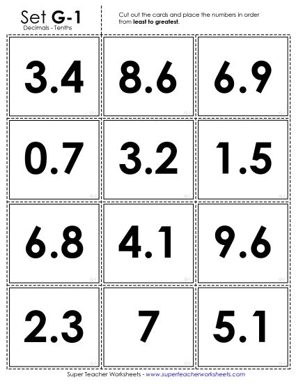 Tenths - Decimal Ordering: Card Sort Game - Tenths (Printable PDF Worksheet)