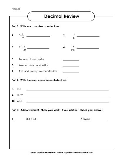Tenths & Hundredths Mixed - Decimal Review (Printable PDF Worksheet)