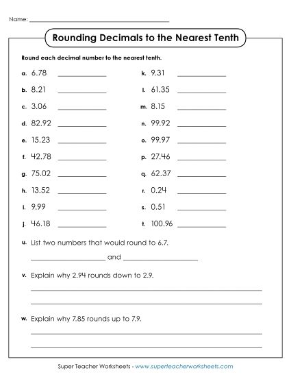 Nearest Tenth - Decimal Rounding - Nearest Tenth (Printable PDF Worksheet)