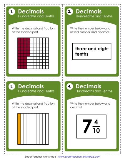 Fractions, Mixed Numbers, and Decimals - Decimals: Basic (Tenths and Hundredths) (Printable PDF Worksheet)