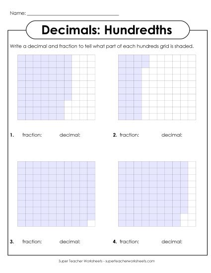 Hundredths - Decimals Hundredths (100 Boxes) (Printable PDF Worksheet)
