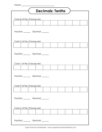 Tenths - Decimals Tenths: Shade the Boxes (Printable PDF Worksheet)