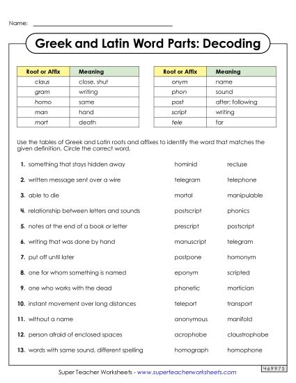 Worksheets - Decoding Words with Greek and Latin Roots and Affixes (Printable PDF Worksheet)