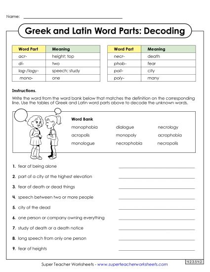 Worksheets - Decoding Words with Greek and Latin Word Parts (Printable PDF Worksheet)