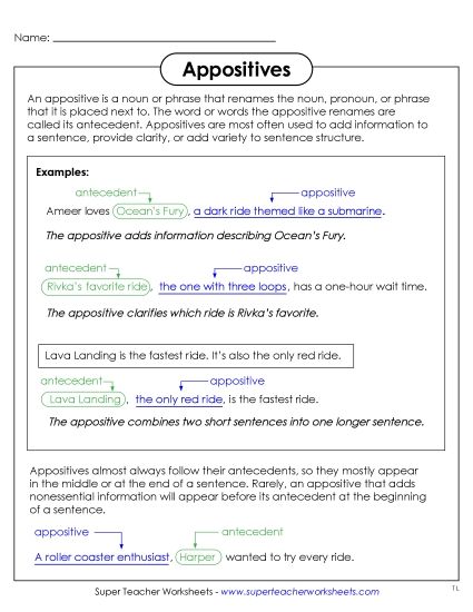 Anchor Charts - Defining Appositives (Printable PDF Worksheet)