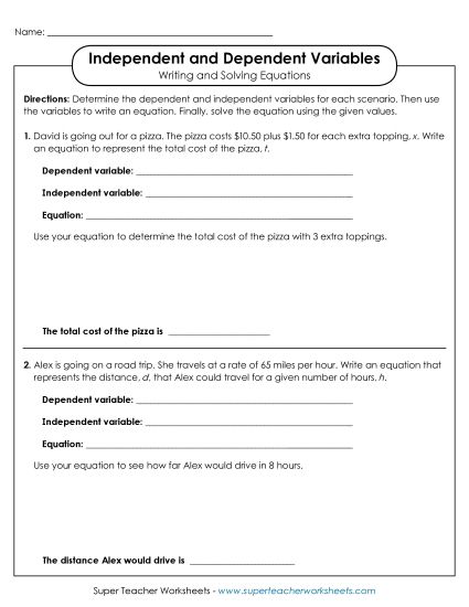 Dependent & Independent Variables w/ Equations - Dependent & Independent Variables: Write & Solve Equations (Printable PDF Worksheet)