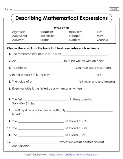 Key Terms - Describing Mathematical Expressions (Cloze) (Printable PDF Worksheet)