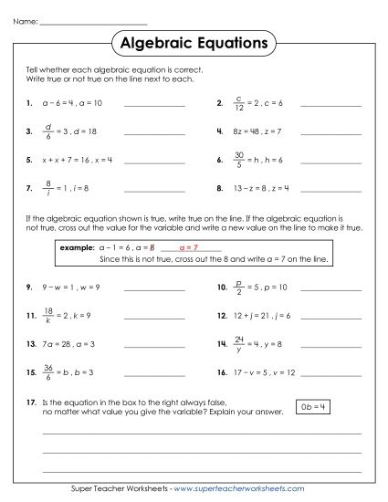 Addition, Subtraction, Multiplication & Division - Determine if Algebraic Equations are True or False (Printable PDF Worksheet)