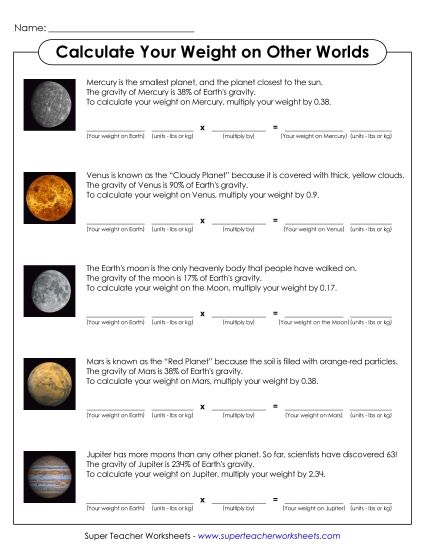 Multiplying Decimals By 2-Digit Numbers - Determine Weight on Other Planets (Printable PDF Worksheet)