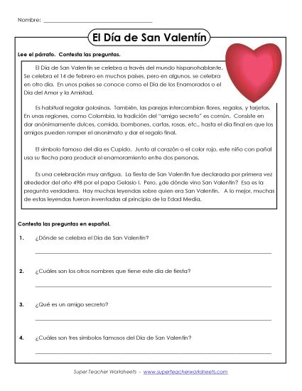 Level: Intermediate - Dia de San Valentin (Printable PDF Worksheet)