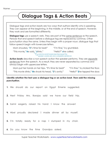 Quotation Marks for Dialogue - Dialogue Tags & Action Beats: Add Punctuation (Printable PDF Worksheet)