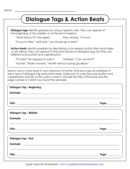 Writing Dialog - Dialogue Tags & Action Beats: Finding Examples (Printable PDF Worksheet)