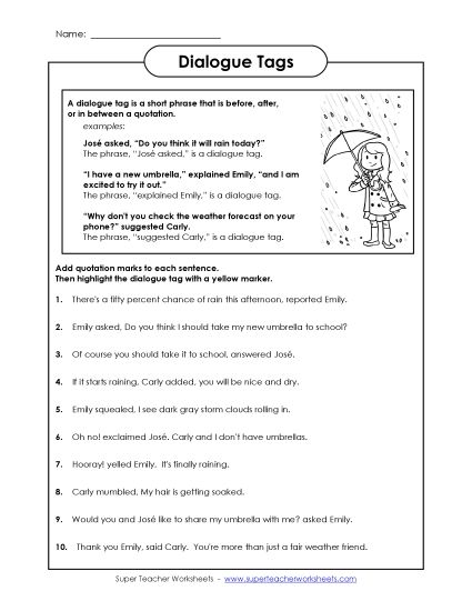 Quotation Marks for Dialogue - Dialogue Tags (Printable PDF Worksheet)