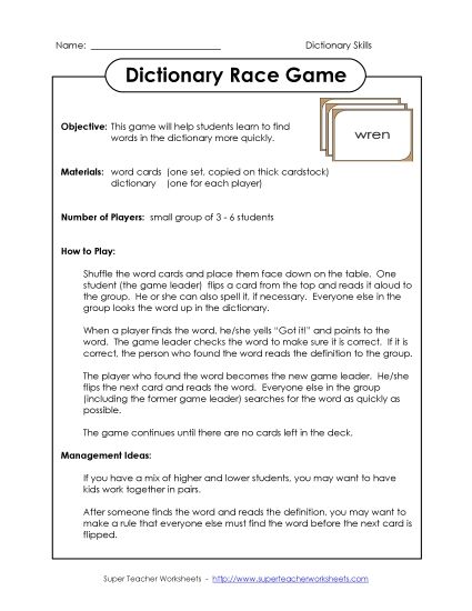Dictionary Race Game (Printable PDF Worksheet)