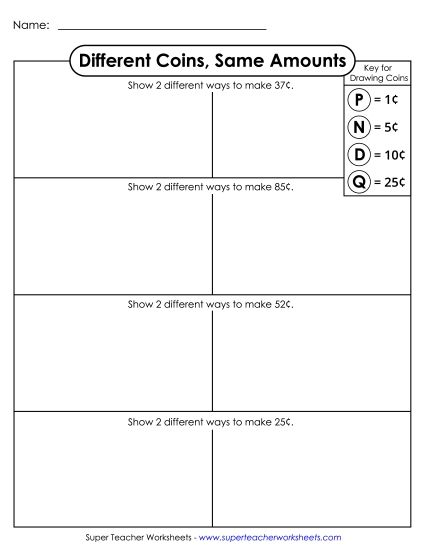 Coins Only (No Bills) - Different Coins, Same Amount (Printable PDF Worksheet)