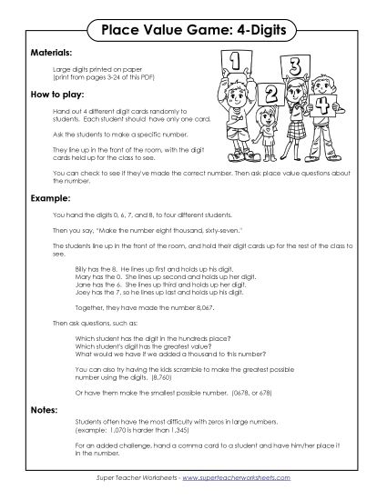 Place Value - Digit Game  (4-Digits) (Printable PDF Worksheet)