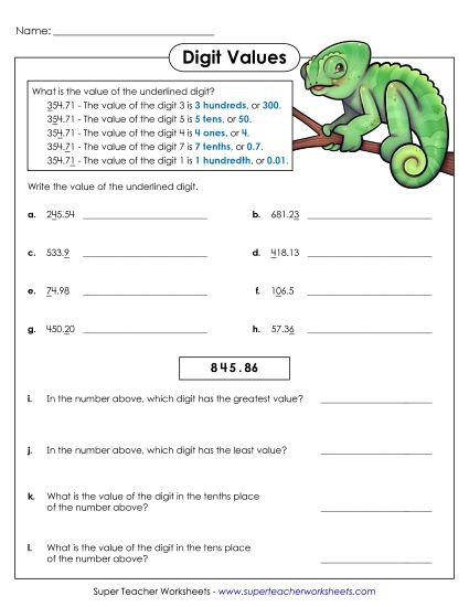 Decimals to Hundredths - Digit Values (Tenths and Hundredths) (Printable PDF Worksheet)