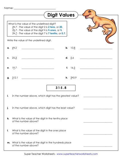 Decimal Place Value - Digit Values (Tenths) (Printable PDF Worksheet)