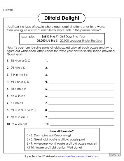 Word Challenges - Diltoid Puzzles: Number-Letter Teasers (Printable PDF Worksheet)