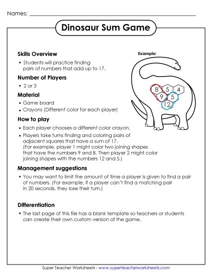 Dino Math - Dinosaur Addition Sum Game (Printable PDF Worksheet)