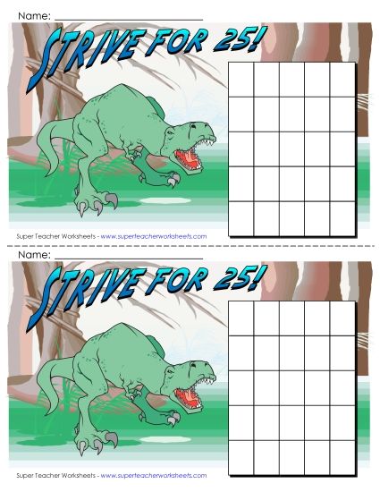 Small Charts - Dinosaur: Strive for 25 Chart (Printable PDF Worksheet)