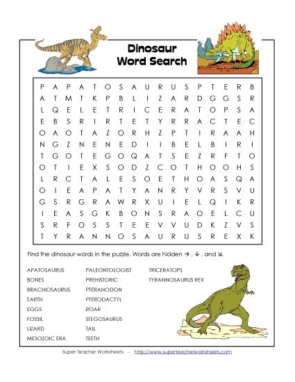 Dino Puzzles - Dinosaur Word Search (Printable PDF Worksheet)