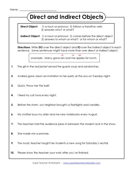 Direct and Indirect Objects (Printable PDF Worksheet)