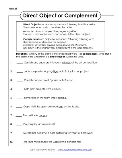 Direct Object or Complement (Printable PDF Worksheet)