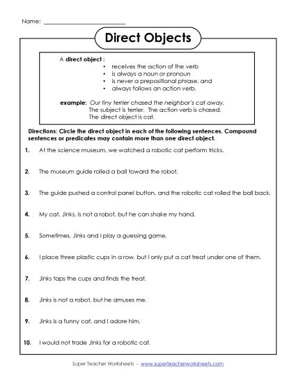 Direct Objects (Printable PDF Worksheet)