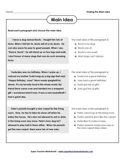 Main Idea Reading - Discovering the Main Idea (Printable PDF Worksheet)