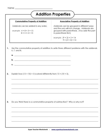 Basic - Discuss & Write: Addition Properties (Printable PDF Worksheet)