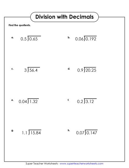 Decimals in the Divisors and Dividends (Level: Basic) - Dividing Decimals #2 (Printable PDF Worksheet)