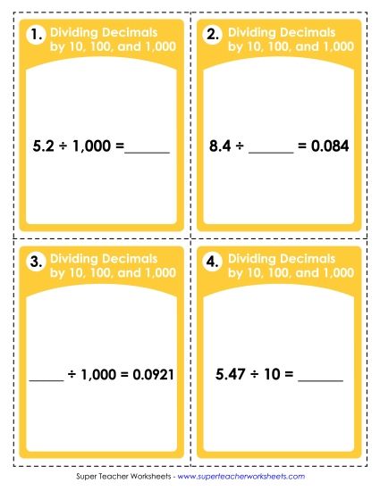 Fractions, Mixed Numbers, and Decimals - Dividing Decimals by 10, 100, and 1,000 (Printable PDF Worksheet)