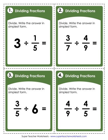 Fractions, Mixed Numbers, and Decimals - Dividing Fractions (Printable PDF Worksheet)