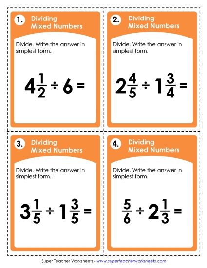Fractions, Mixed Numbers, and Decimals - Dividing Mixed Numbers (Printable PDF Worksheet)