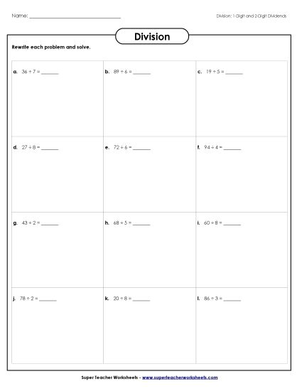 2-Digit Dividends (Remainders) - Division Boxes Activity: 2-Digit Dividends (Printable PDF Worksheet)