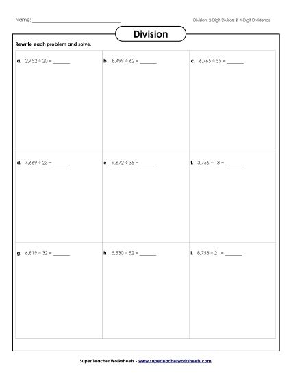 Two-Digit Divisors - Division Boxes Activity: 2-Digit Divisors; 4-Digit Dividends (Printable PDF Worksheet)