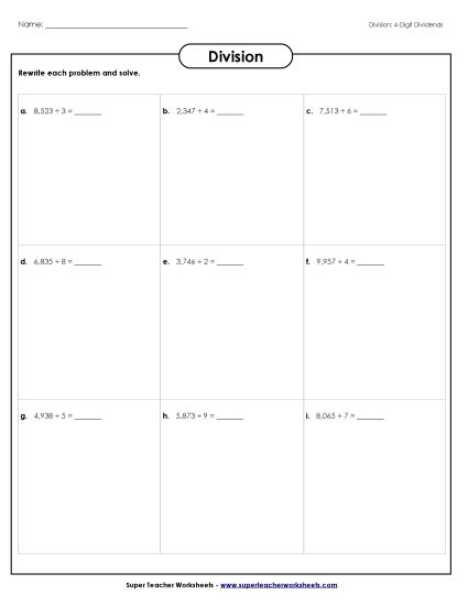 4-Digit Dividends - Division Boxes Activity: 4-Digit Dividends (Printable PDF Worksheet)