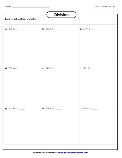 Quotients with Zero - Division Boxes: Quotients including Zeroes (Printable PDF Worksheet)