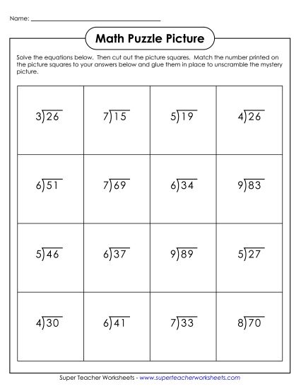 Division - Division w/ Remainders (1-Digit Quotients): Cut-and-Glue Mystery Puzzle (Printable PDF Worksheet)