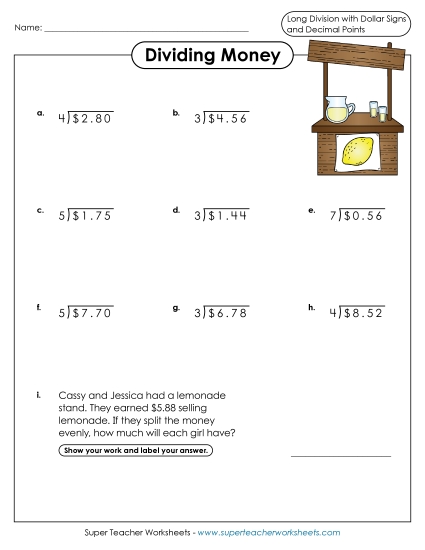 3-Digit Dividends - Division with Money (Printable PDF Worksheet)