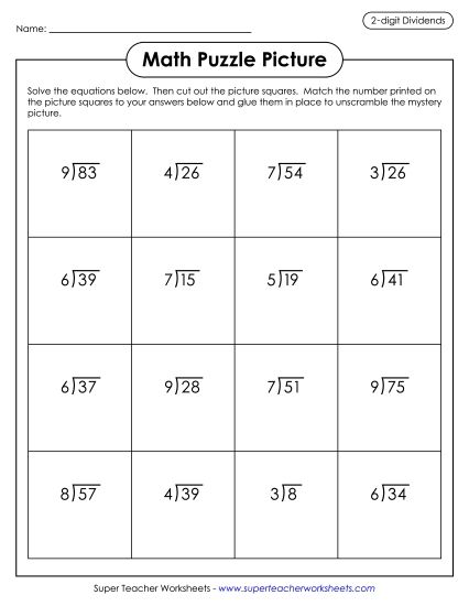 Christmas Division Worksheets - Division with Remainders: Match Puzzle Picture (Reindeer) (Printable PDF Worksheet)