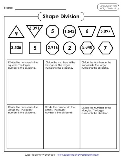 4-Digit Dividends - Division with Shapes (Printable PDF Worksheet)
