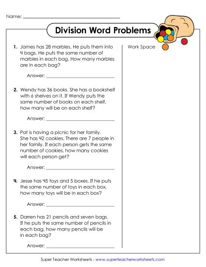 Division - Division Word Problems (Basic Facts) (Printable PDF Worksheet)