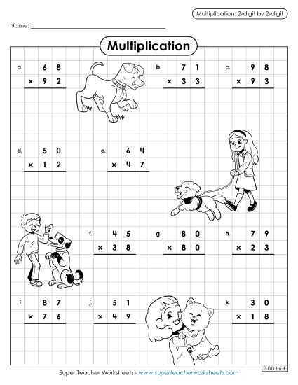 2-Digit Times 2-Digit Worksheets - Dog Multiplication: 2-digit by 2-digit (Printable PDF Worksheet)