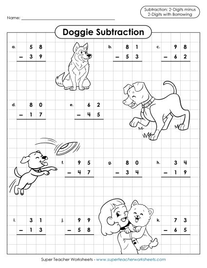 QR Code Activities - Dog Subtraction (2-Digit Numbers / Regrouping) (Printable PDF Worksheet)