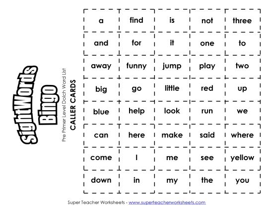 Pre-Primer - Dolch Bingo - Pre-Primer (Printable PDF Worksheet)